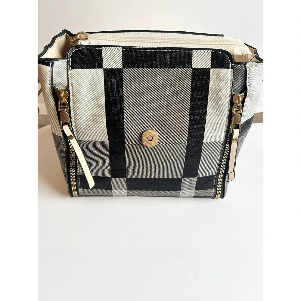 Black White Plaid Backpack Crossbody Bag Set 4 Piece Faux Leather Cream Trim